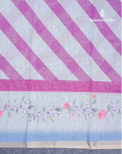 Beautiful Blueish Grey Linen Mix Saree With Flotal Print Small Ribbon Border