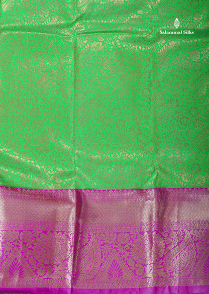 Bridal Semi Silk Saree - Parrot Green Colour Body With Contrast Purple Traditional Evening Morning Border