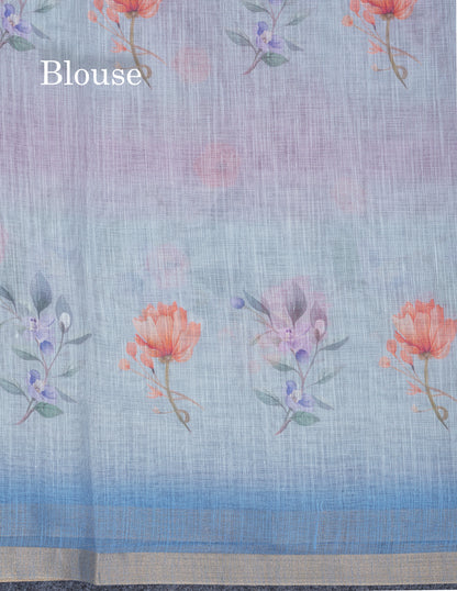 Beautiful Blueish Grey Linen Mix Saree With Flotal Print Small Ribbon Border