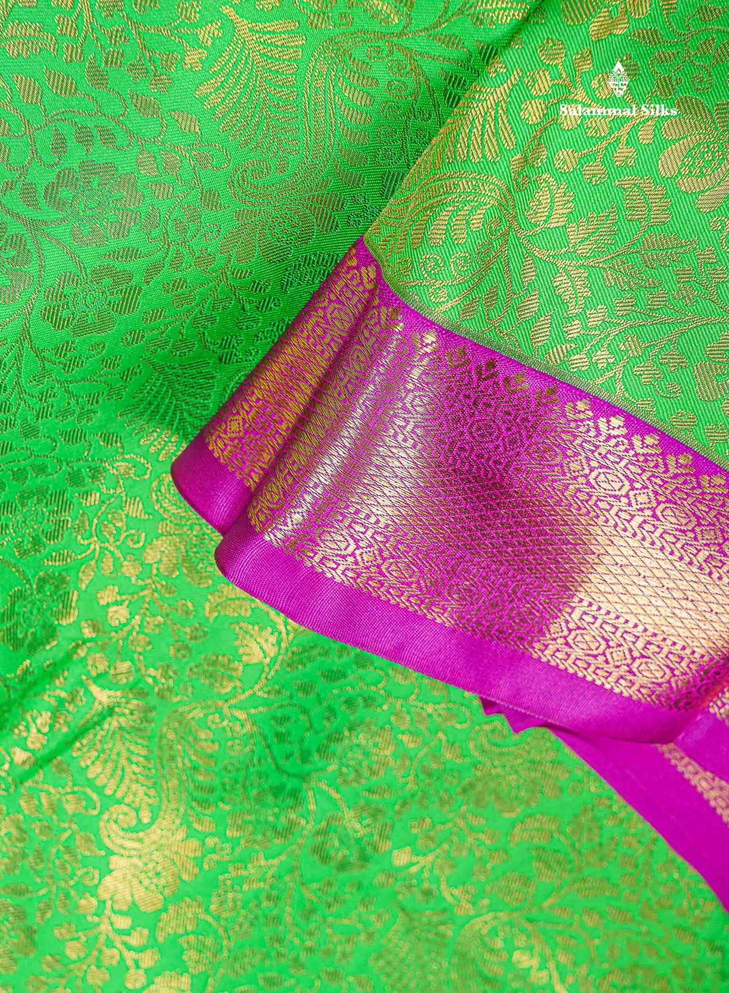 Bridal Semi Silk Saree - Parrot Green Colour Body With Contrast Purple Traditional Evening Morning Border