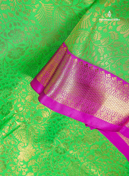 Bridal Semi Silk Saree - Parrot Green Colour Body With Contrast Purple Traditional Evening Morning Border