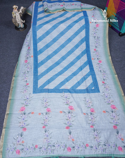 Beautiful Blueish Grey Linen Mix Saree With Flotal Print Small Ribbon Border