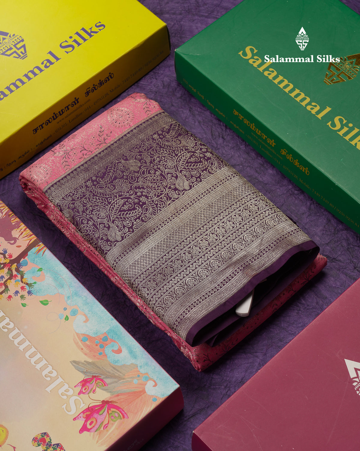 Beautiful Light Pink Menakari Work Bridal Pure Kanjivaram Silk Saree With Contrast Dark Purple Traditional Evening Morning Border