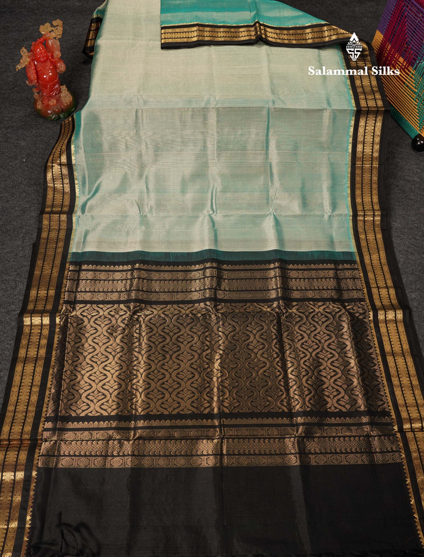 Beautiful Dual Tone Pastel Blue Plain Pure Silk Cotton Saree With Contrast Black Traditional Border