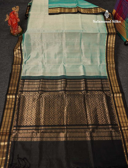 Beautiful Dual Tone Pastel Blue Plain Pure Silk Cotton Saree With Contrast Black Traditional Border