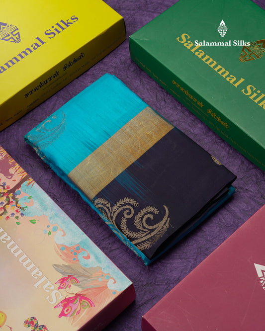 Beautiful Blue Puremix Silk Saree With Contrast Navy Blue Pochampalli Blouse