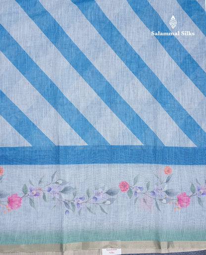 Beautiful Blueish Grey Linen Mix Saree With Flotal Print Small Ribbon Border