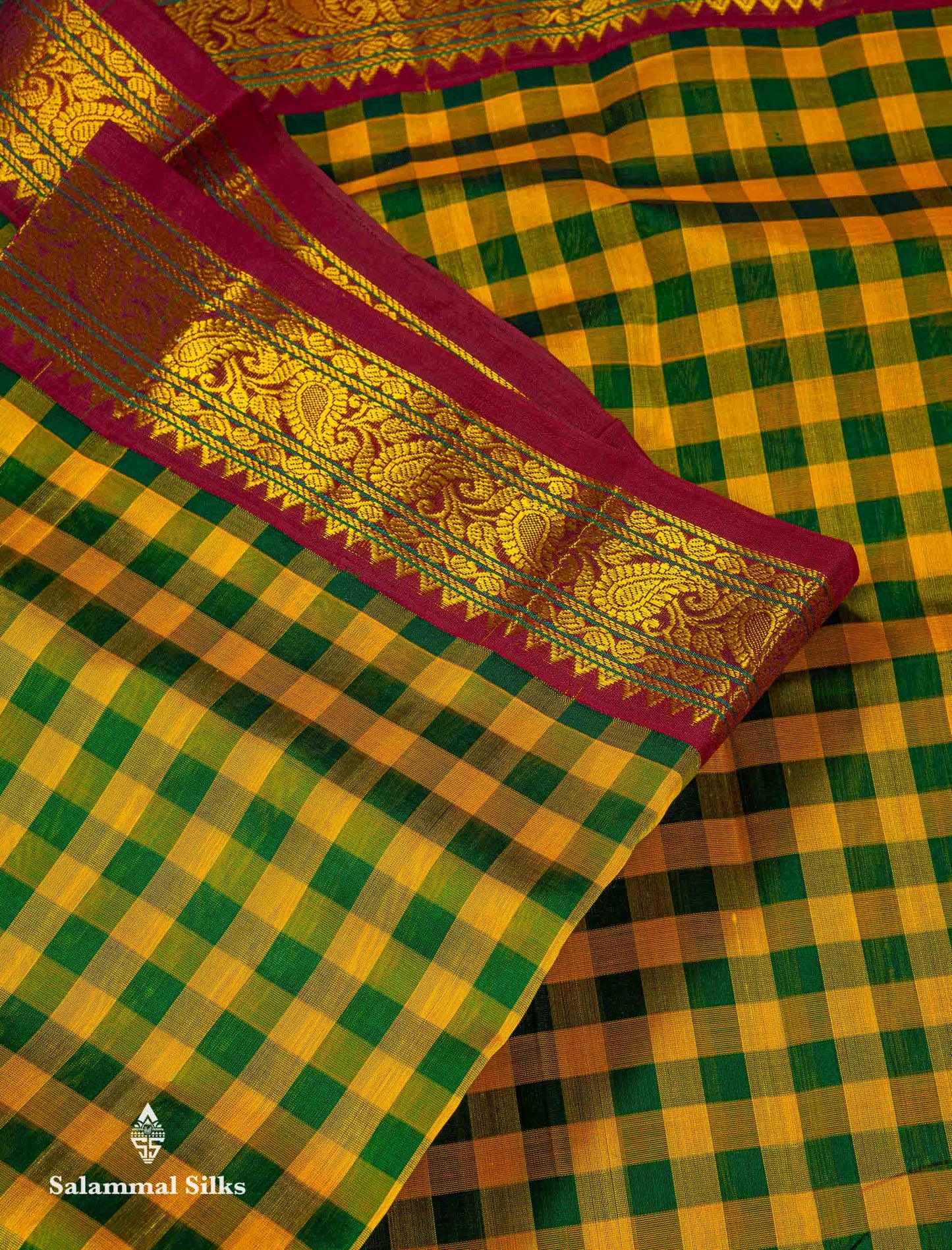 Beautiful Paalum Pazham Checks Pure Silk Cotton Saree With Contrast Dual Tone Maroon Traditional Border