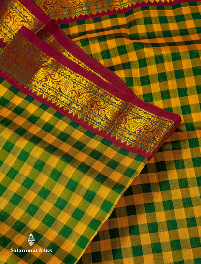 Beautiful Paalum Pazham Checks Pure Silk Cotton Saree With Contrast Dual Tone Maroon Traditional Border