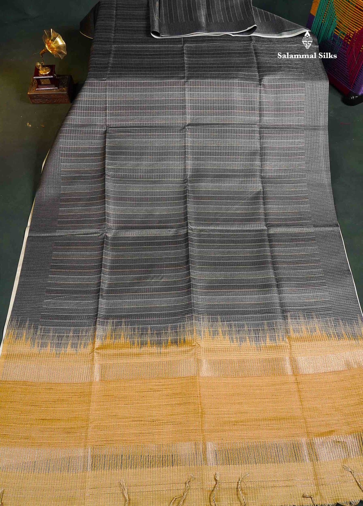 Semi Tussar Saree - Grey Colour Body With Contrast Light Mustard Yellow Blouse 