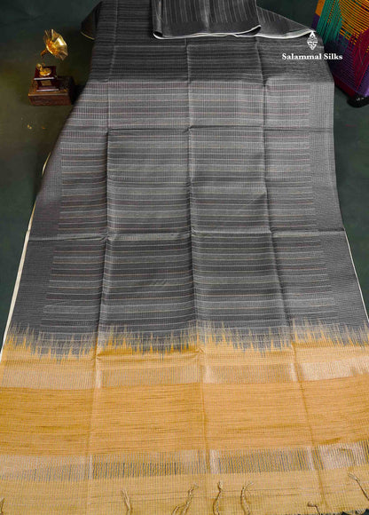 Semi Tussar Saree - Grey Colour Body With Contrast Light Mustard Yellow Blouse 