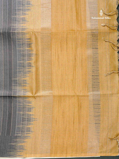 Semi Tussar Saree - Grey Colour Body With Contrast Light Mustard Yellow Blouse