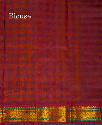 Beautiful Paalum Pazham Checks Pure Silk Cotton Saree With Contrast Dual Tone Maroon Traditional Border