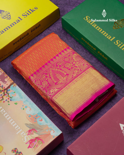 Beautiful Dual Tone Pinkish Orange Bridal Pure Kanjivaram Silk Saree With Contrast Magenta Pink Traditional Evening Morning Border