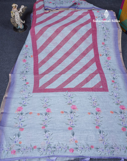 Beautiful Blueish Grey Linen Mix Saree With Flotal Print Small Ribbon Border