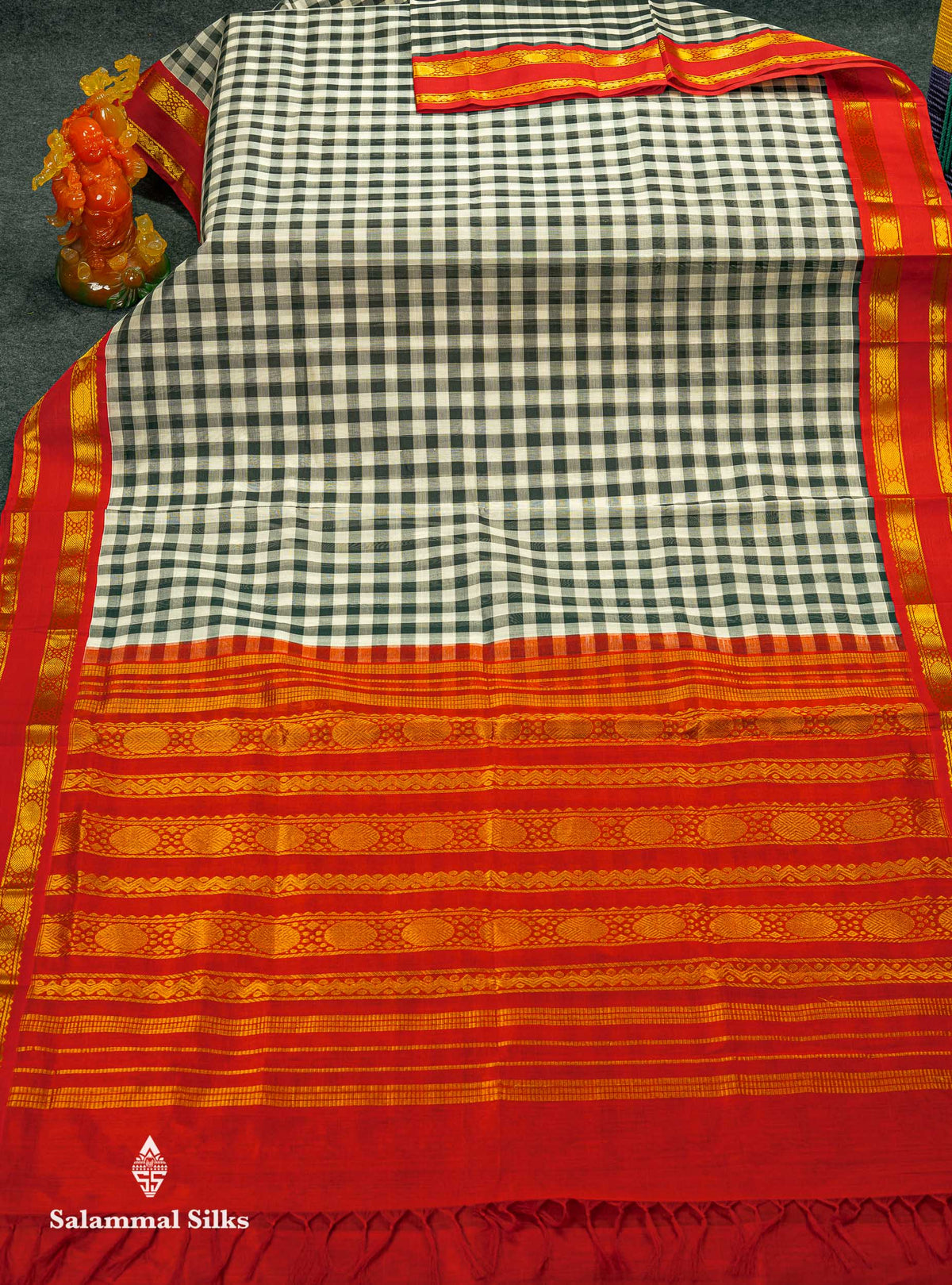 Beautiful Multicolour Checks Pure Silk Cotton Saree With Contrast Chilly Red Traditional Gap Border