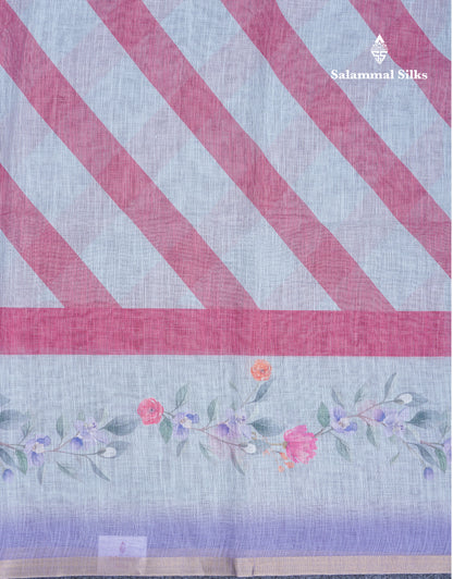 Beautiful Blueish Grey Linen Mix Saree With Flotal Print Small Ribbon Border