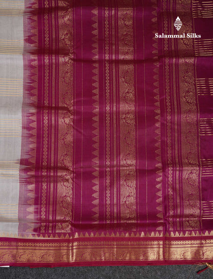 Beautiful Light Grey Pure Silk Cotton Saree With Contrast Magenta Traditional Border