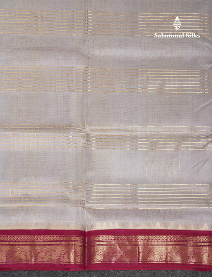 Beautiful Light Grey Pure Silk Cotton Saree With Contrast Magenta Traditional Border
