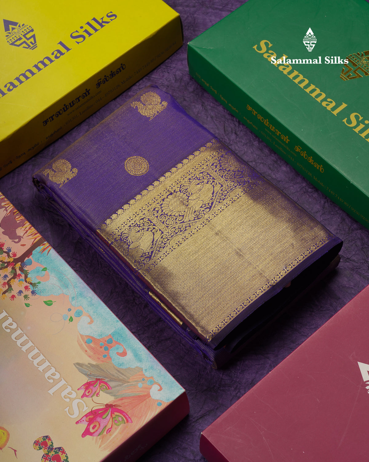 Beautiful Violet Vaira Oosi Mayil & Chakaram Buttas Pure Kanjivaram Silk Saree With Traditional Evening Morning Border