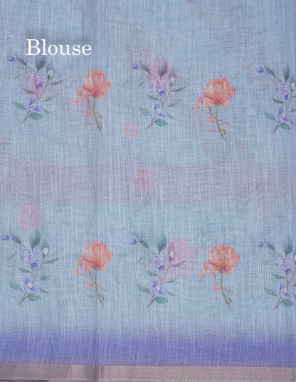 Beautiful Blueish Grey Linen Mix Saree With Flotal Print Small Ribbon Border