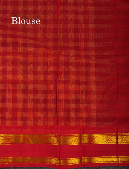 Beautiful Multicolour Checks Pure Silk Cotton Saree With Contrast Chilly Red Traditional Gap Border