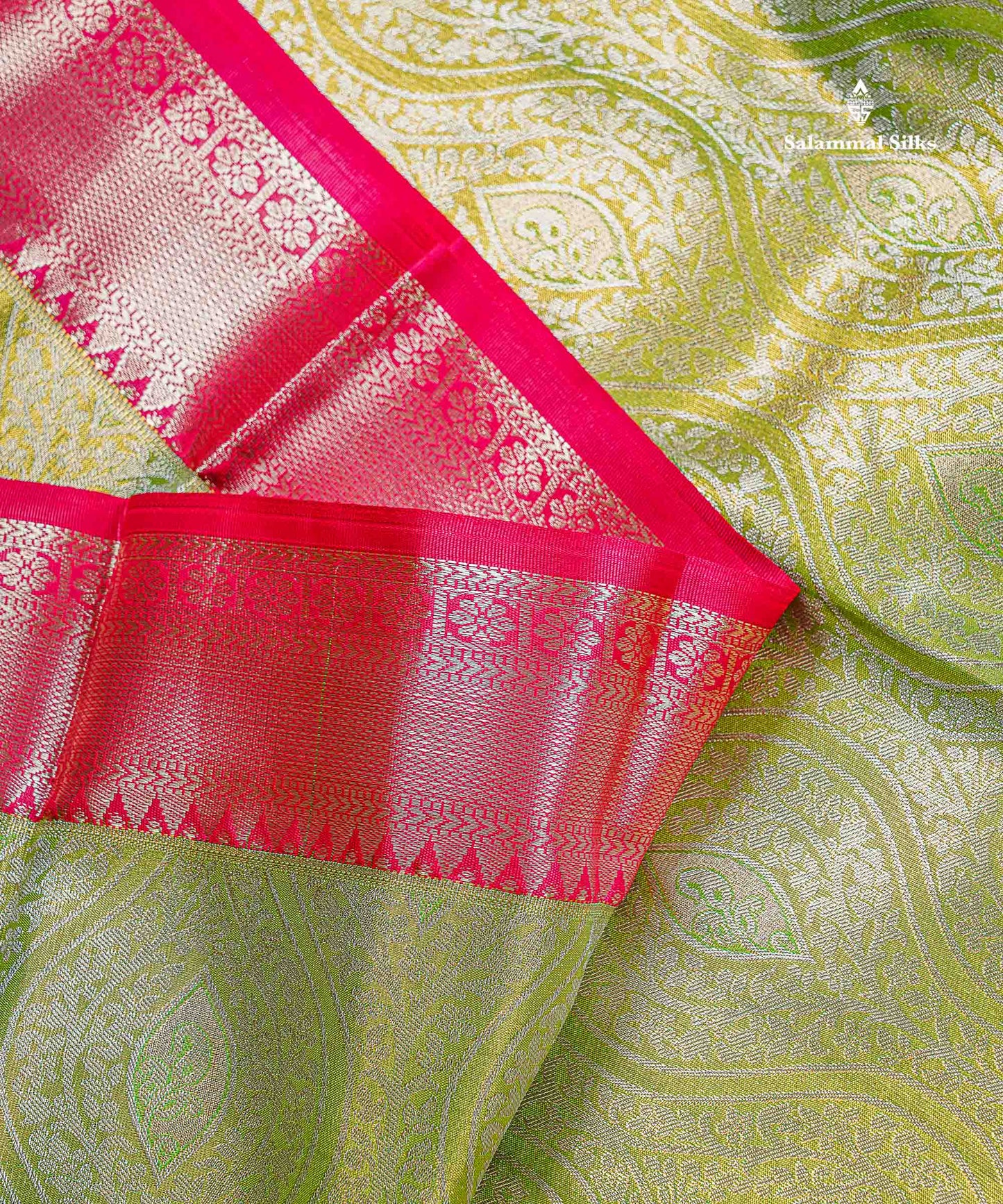 Bridal Semi Silk Saree - Light Green Colour Body Tissue With Contrast Redish Pink Evening Morning Border