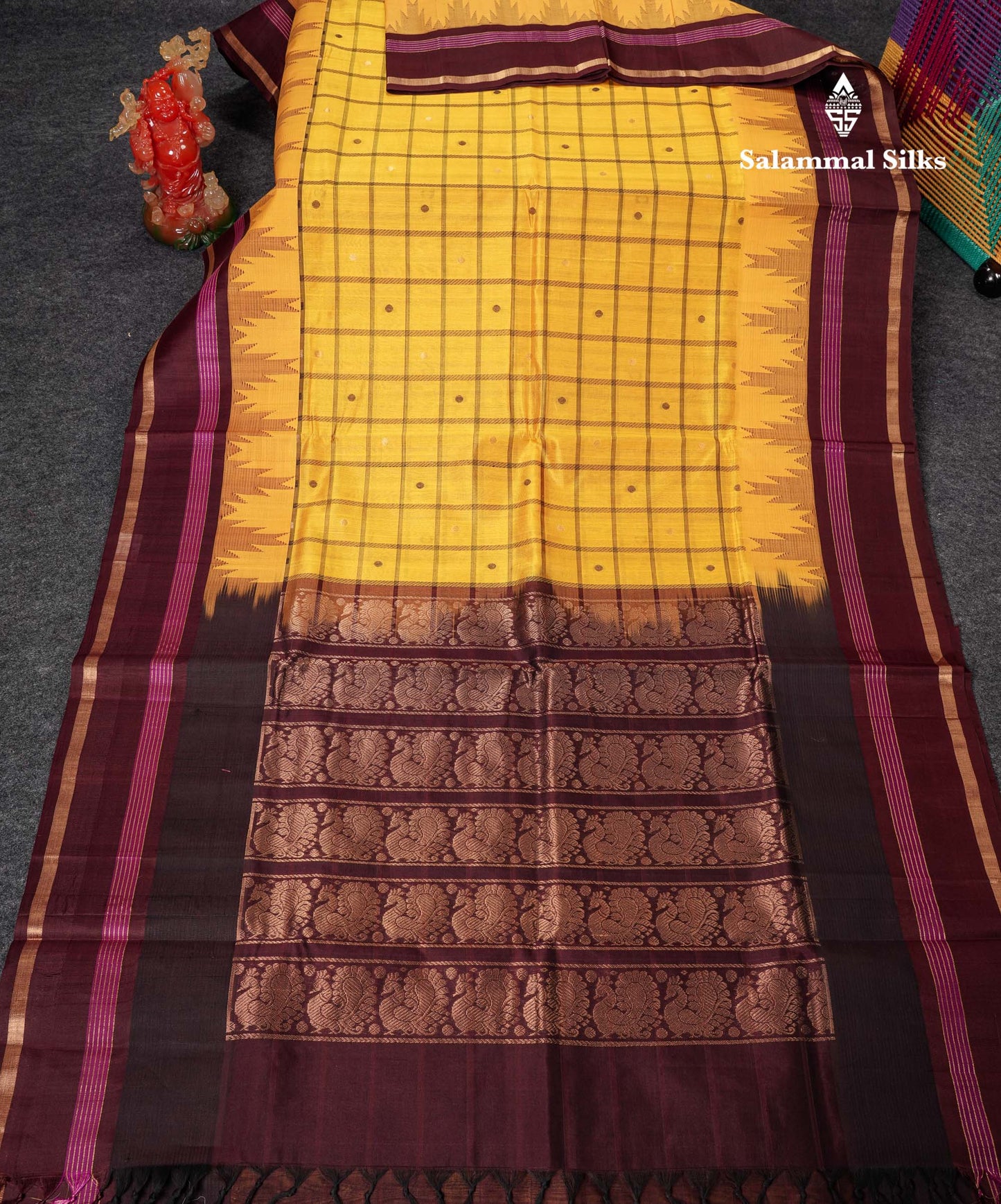 Beautiful Yellow Checks With Butta Pure Silk Cotton Saree With Contrast Dark Brown Traditional Gap Border
