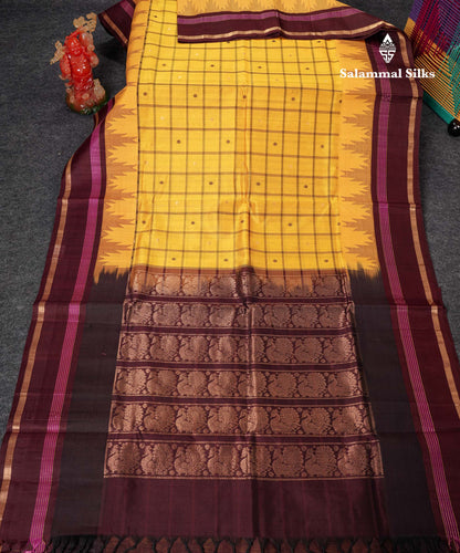 Beautiful Yellow Checks With Butta Pure Silk Cotton Saree With Contrast Dark Brown Traditional Gap Border