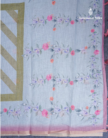 Beautiful Blueish Grey Linen Mix Saree With Flotal Print Small Ribbon Border