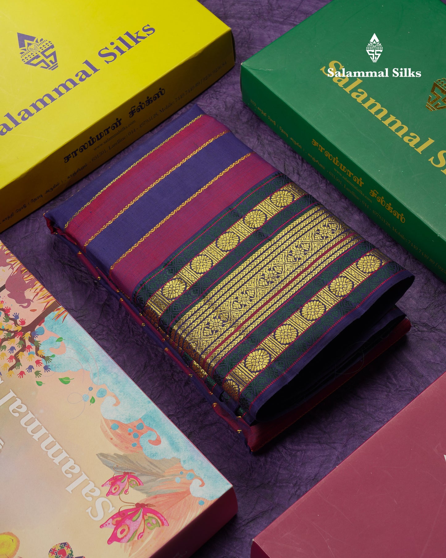 Beautiful Maroon & Navy Blue Pure Kanjivaram Silk Saree With Contrast Navy Blue Traditional Border