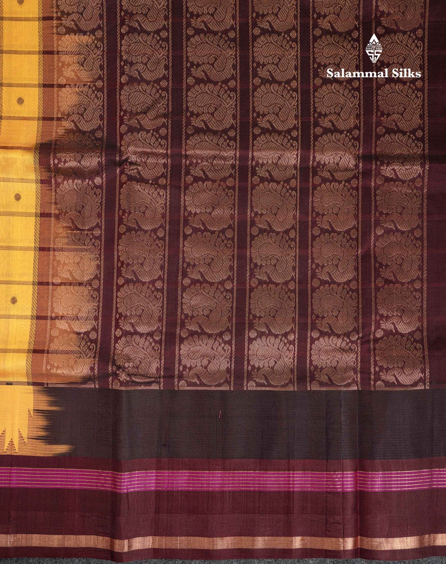 Beautiful Yellow Checks With Butta Pure Silk Cotton Saree With Contrast Dark Brown Traditional Gap Border