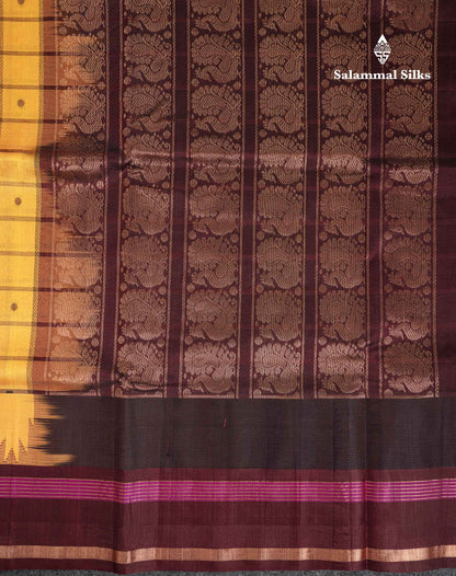 Beautiful Yellow Checks With Butta Pure Silk Cotton Saree With Contrast Dark Brown Traditional Gap Border