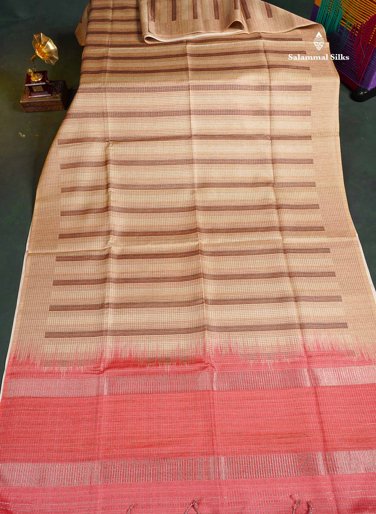 Semi Tussar Saree - Beige Colour Body With Contrast Peach Blouse
