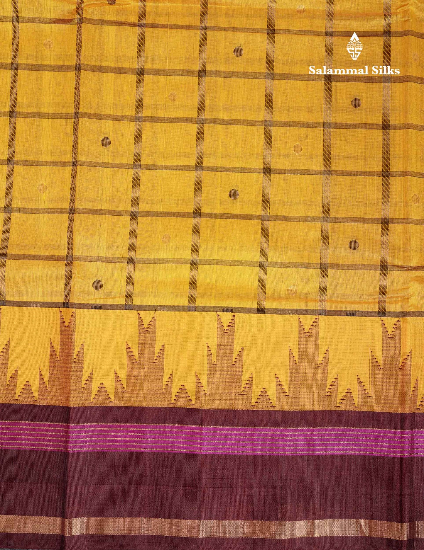 Beautiful Yellow Checks With Butta Pure Silk Cotton Saree With Contrast Dark Brown Traditional Gap Border