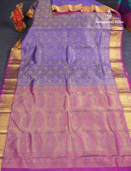 Beautiful Violet Bridal Pure Kanjivaram Silk Saree With Contrast Vadamalli Border