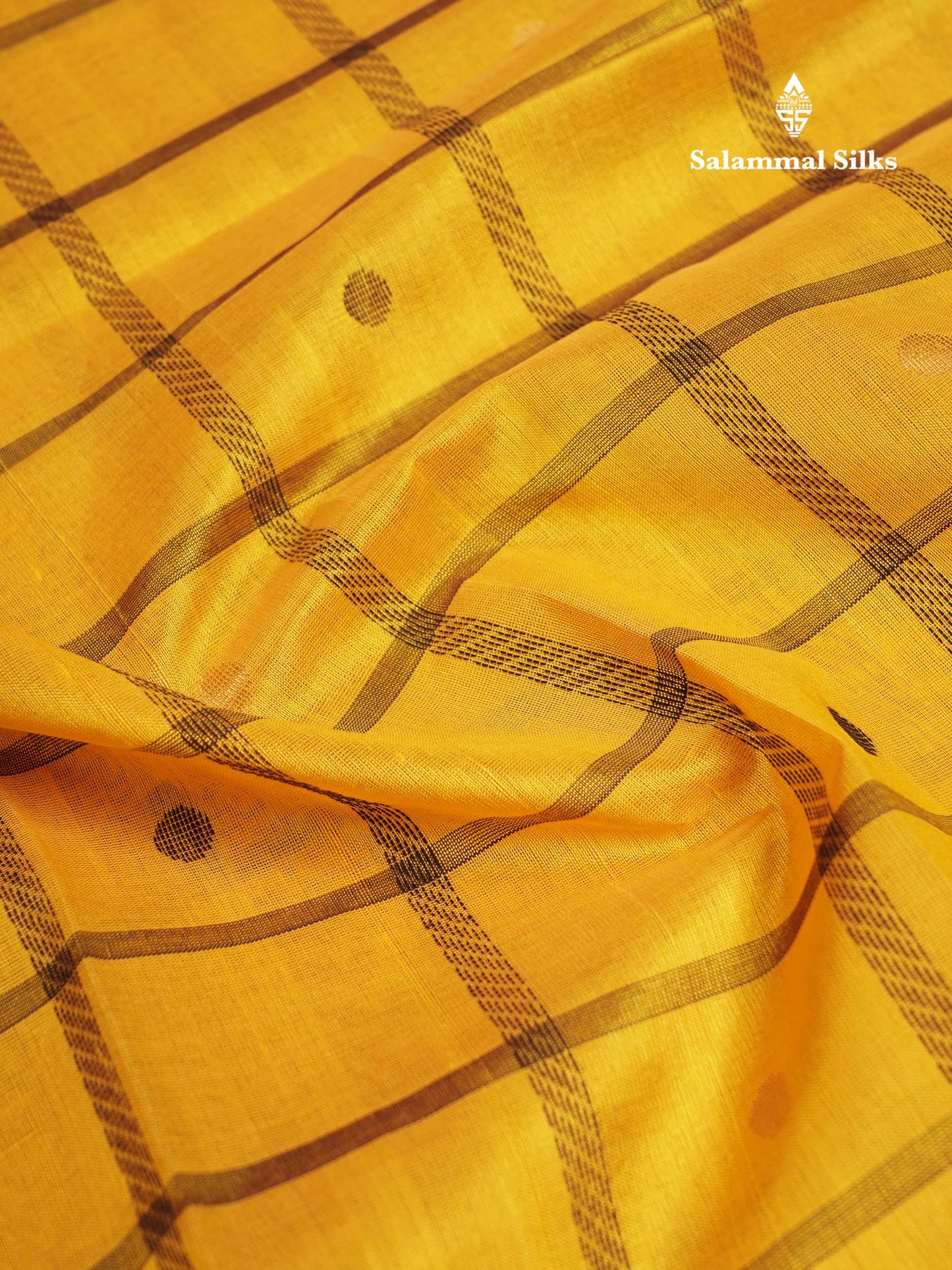 Beautiful Yellow Checks With Butta Pure Silk Cotton Saree With Contrast Dark Brown Traditional Gap Border