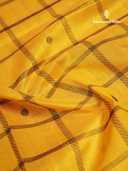 Beautiful Yellow Checks With Butta Pure Silk Cotton Saree With Contrast Dark Brown Traditional Gap Border