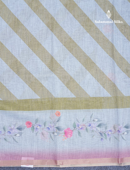 Beautiful Blueish Grey Linen Mix Saree With Flotal Print Small Ribbon Border