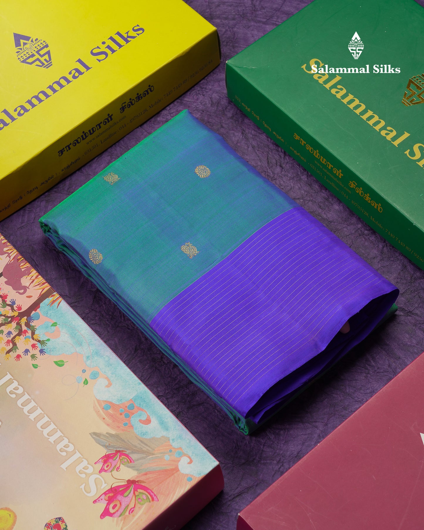 Beautiful Dual Tone Peacock Blue Mayil & Chakaram Buttas Pure Kanjivaram Silk Saree Pure Zari with Contrast Violet Traditional Border