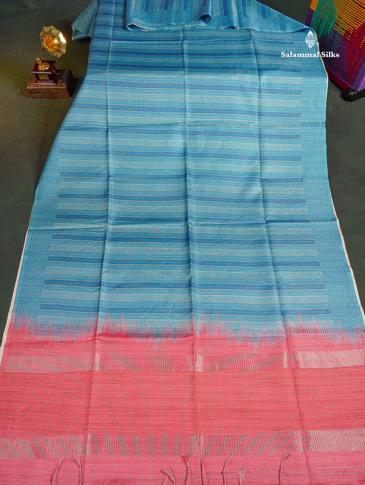 Semi Tussar Saree - Blue Colour Body With Contrast Peach Blouse 