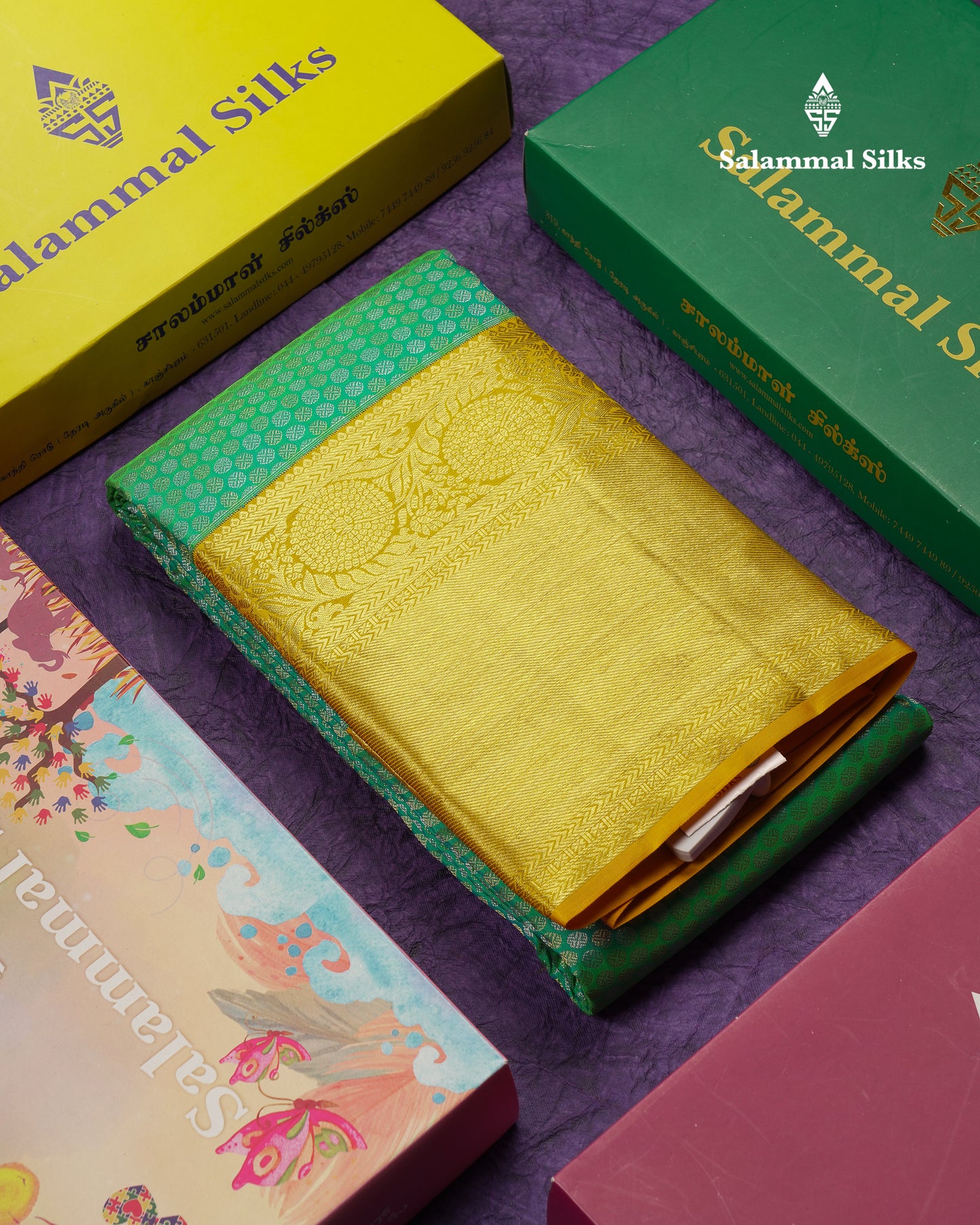 Beautiful Sapphire Green Bridal Pure Kanjivaram Silk Saree With Contrast Yellow Traditional Evening Morning Border