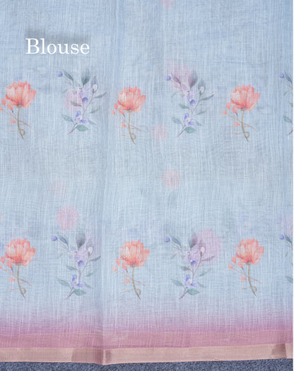 Beautiful Blueish Grey Linen Mix Saree With Flotal Print Small Ribbon Border