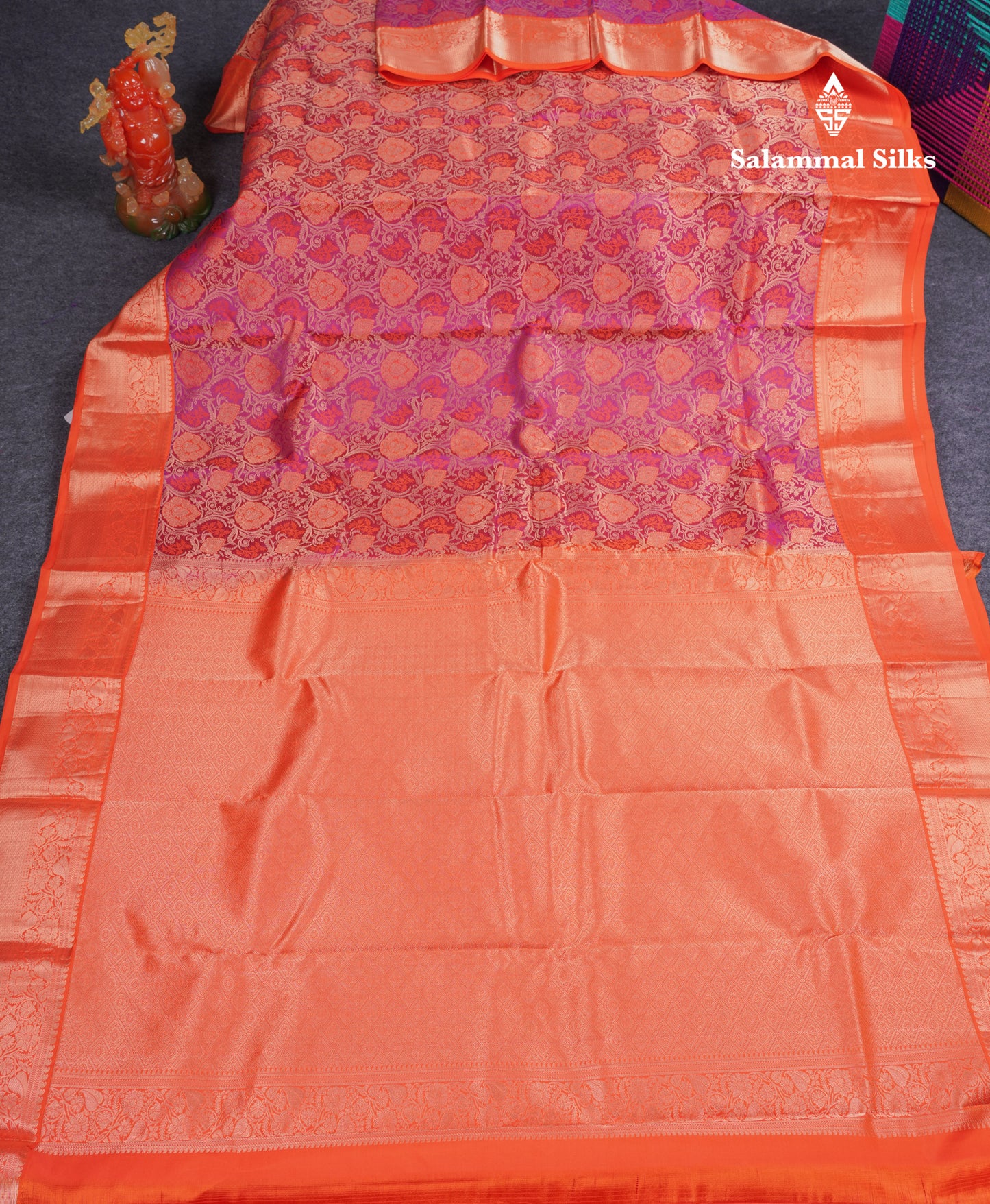 Dual Tone Magenta Bridal Pure Mix Kanjivaram Silk Saree With Contrast Orange Border