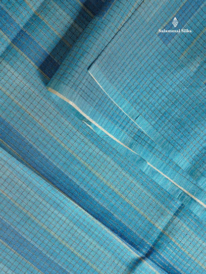 Semi Tussar Saree - Blue Colour Body With Contrast Peach Blouse