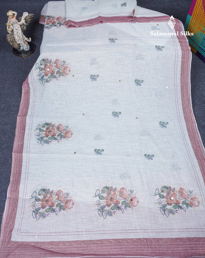 Beautiful White Mirror Work Linen Mix Saree With Contrast Brown Embroidery Zari Border