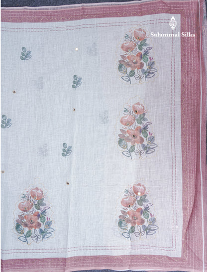 Beautiful White Mirror Work Linen Mix Saree With Contrast Brown Embroidery Zari Border