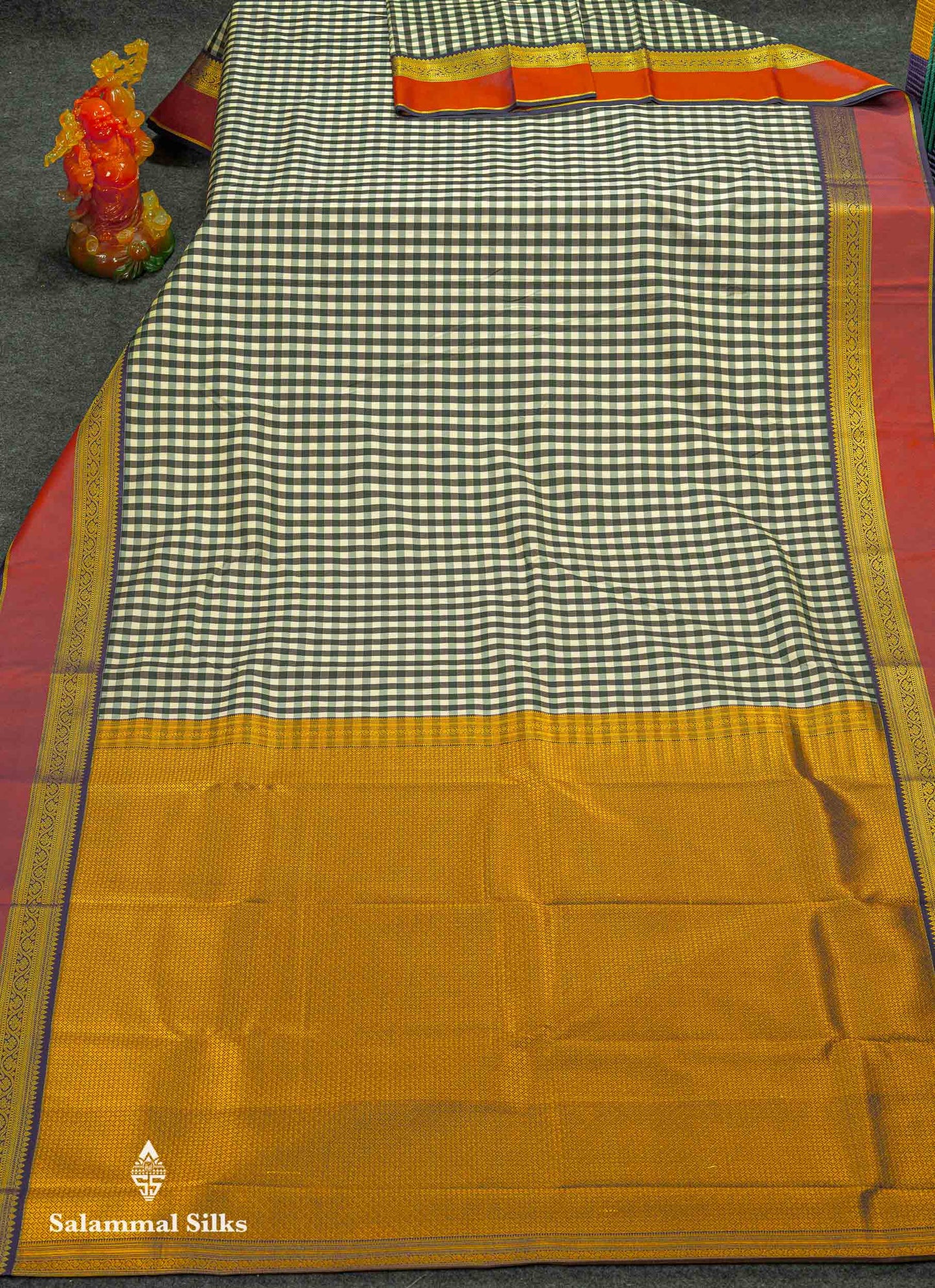 Beautiful Multicolour Small Checks Semi Silk Saree With Contrast Violet Traditional Border