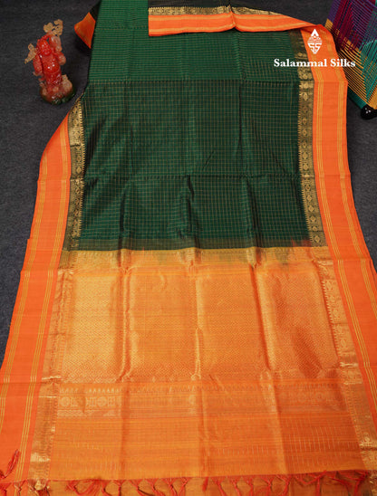 Beautiful Bottle Green Small Zari Checks Pure Silk Cotton Saree With Contrast Orange Traditional Gap Border