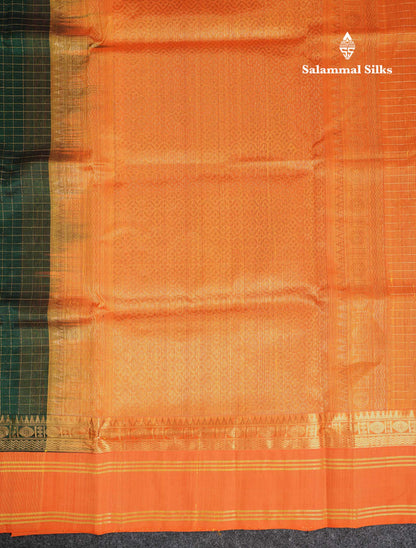 Beautiful Bottle Green Small Zari Checks Pure Silk Cotton Saree With Contrast Orange Traditional Gap Border